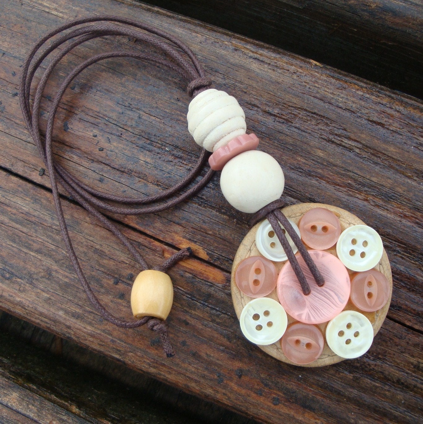 Vintage Button Pendant Necklace Upcycled Wooden Coat Button & Lucite