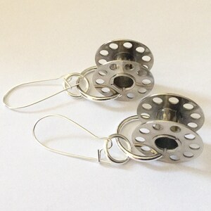 Vintage Cotton Bobbin Earrings Upcycled recycled silver metal sewing machine parts image 8