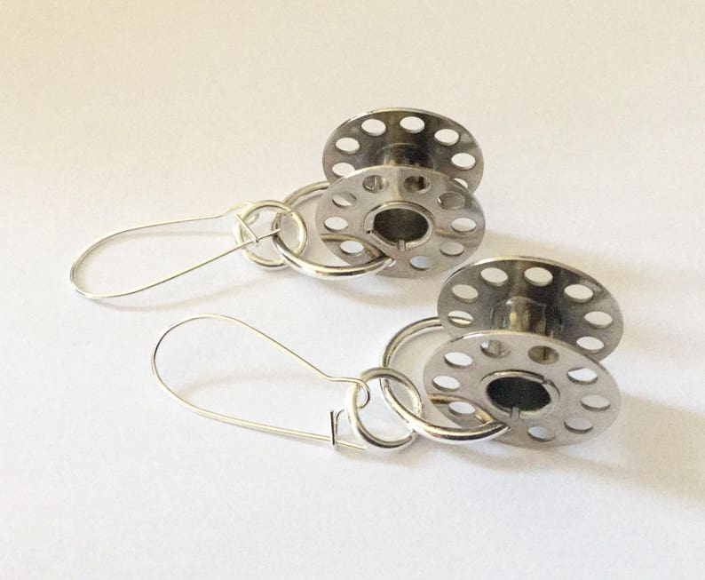 Vintage Cotton Bobbin Earrings Upcycled recycled silver metal sewing machine parts image 8