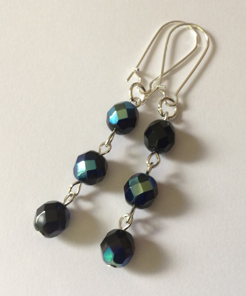 Vintage Carnival Glass Beaded Silver Earrings Black Peacock Etsy UK