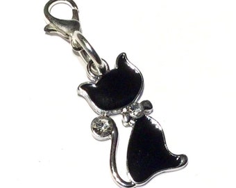 Lucky Black Cat Enamel Zipper Charm - Good Luck Kitty - clip-on silver zip bag bracelet handbag