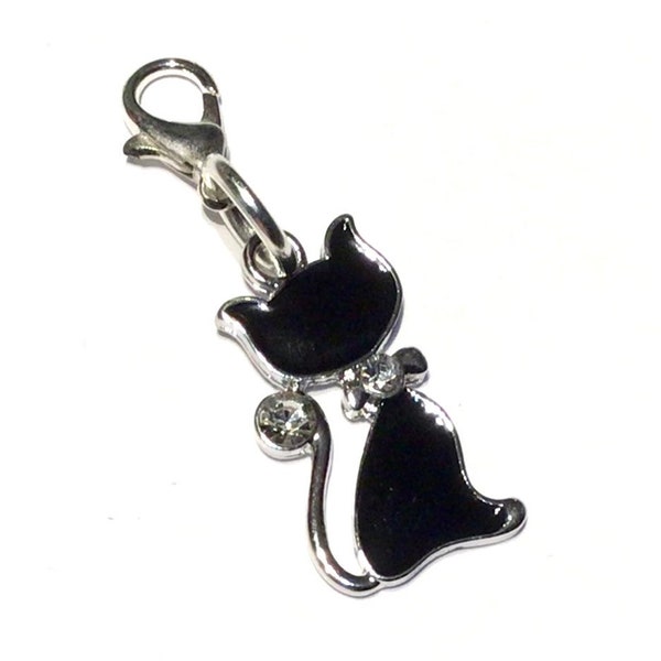 Lucky Black Cat Enamel Zipper Charm - Good Luck Kitty - clip-on silver zip bag bracelet handbag