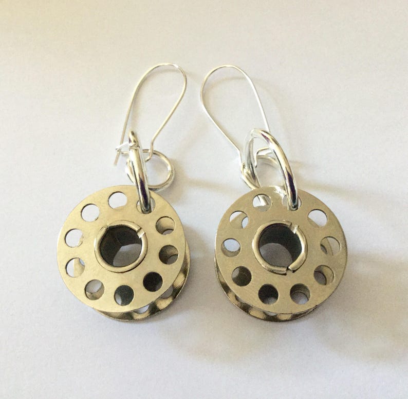 Vintage Cotton Bobbin Earrings Upcycled recycled silver metal sewing machine parts image 4