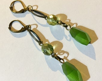 Art Deco 1920s Style Long GREEN Flapper Earrings - SPARKLY OLIVE - upcycled from vintage Czech glass beads