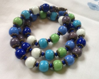 HARLEQUIN 'WINTER' NECKLACE czech glass beaded necklace blue green white purple opaque beads