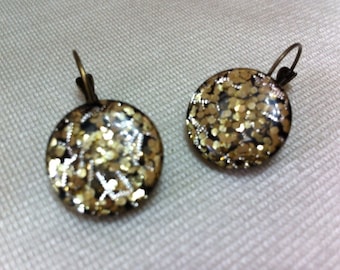 Vintage Button Earrings - clear lucite buttons with inlaid gold sparkles like DISCO BALLS