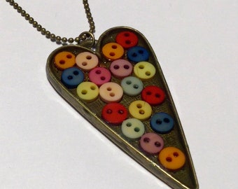 Ditsy Kitsch Mini Button Multi Colour Resin Heart Pendant Necklace - Long Bronze Metal Love Heart on Ball Chain