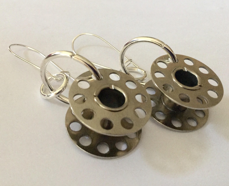 Vintage Cotton Bobbin Earrings Upcycled recycled silver metal sewing machine parts image 3