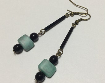 Art deco earrings opaque turquoise blue black - Upcycled vintage Czech glass beads