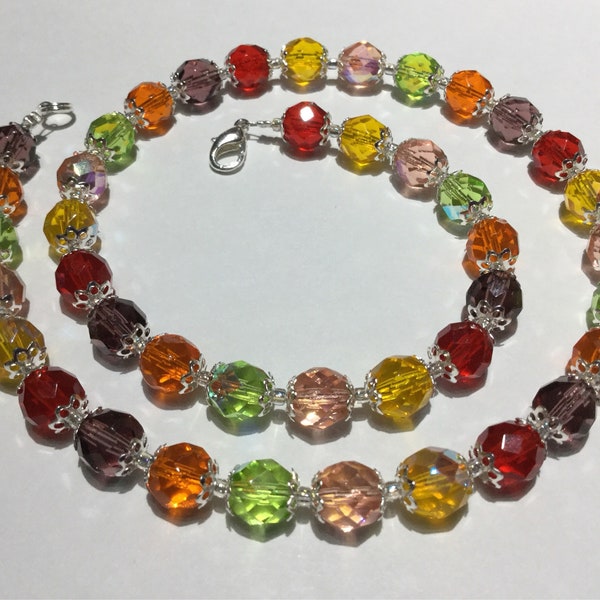 Harlequin Czech glass rainbow crystal necklace - vintage style fire polished TUTTI FRUITI crystal beads that look like boiled sweets