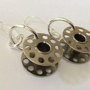 Vintage Cotton Bobbin Earrings Upcycled recycled silver metal sewing machine parts image 6