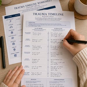 May include: A Trauma Timeline Worksheet printed on white paper with blue headers and text. The document features a table for life stages and a section for mapping personal experiences, including handwritten notes about trauma and emotional impact.