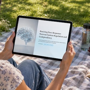 Może przedstawiać: Tablet wyświetla tekst "Rewiring Your Response: Nervous System Regulation and Codependency" z grafiką mózgu. Scena obejmuje kosz piknikowy, butelkę wody i miskę czerwonych jagód na kraciastej kocu.
