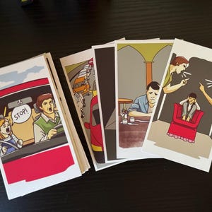 May include: Five illustrated cards with different scenes. The first card shows a red car with a girl and a man inside. The second card shows a car driving through a line of cars. The third card shows a man sitting at a table with a glass of wine. The fourth card shows a woman yelling at a man. The fifth card shows a woman yelling at a child sitting on a red chair.