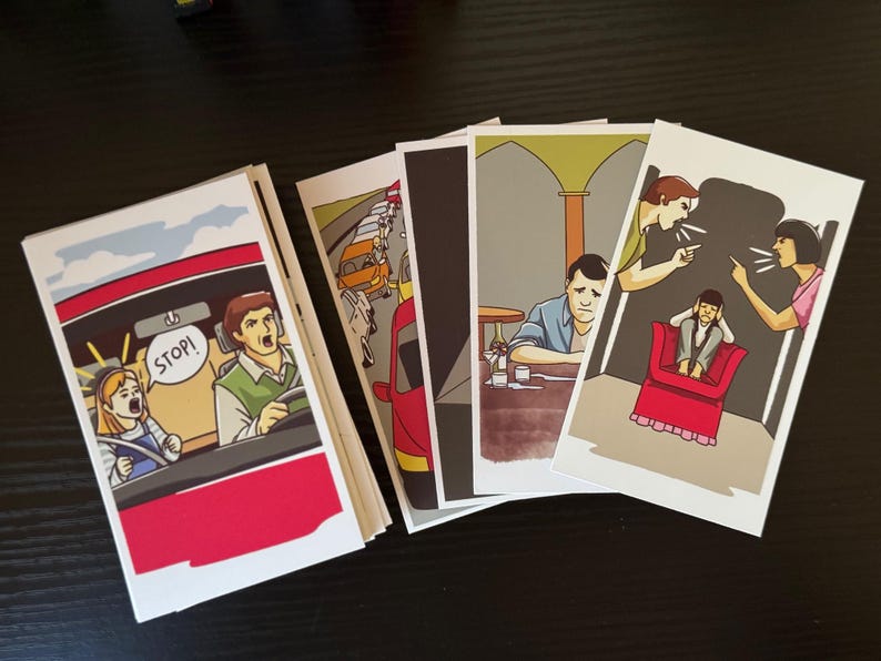 May include: Five illustrated cards with different scenes. The first card shows a red car with a girl and a man inside. The second card shows a car driving through a line of cars. The third card shows a man sitting at a table with a glass of wine. The fourth card shows a woman yelling at a man. The fifth card shows a woman yelling at a child sitting on a red chair.
