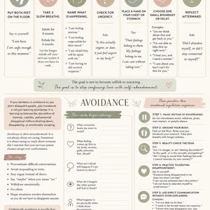 Può includere: Un'infografica sulla regolazione emotiva, con sette passaggi illustrati da icone e testo. I passaggi includono esercizi di respirazione e l'impostazione di limiti. Il design utilizza una palette di colori neutri con accenti botanici.