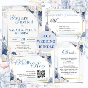 Wedding Invitation Bundle Template, Royal Blue Flowers Invite Set, Editable Printable Download, Elegant Invite Design for Your Special Day