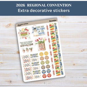 May include: A sheet of decorative stickers with various designs. The stickers include floral elements, diamond shapes, and text such as "Eternal Happiness" and "You are the light of the world." The stickers are designed for the 2026 Regional Convention.