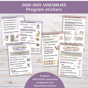 May include: A set of six sheets of 2026-2027 program stickers featuring printed text, questions, and scriptures. The stickers include decorative illustrations of animals, flowers, and butterflies, organized into morning and afternoon session schedules.