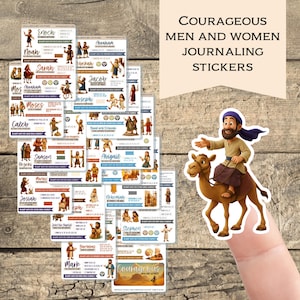 May include: A collection of journaling stickers featuring biblical figures. The stickers include illustrations of people and text with names like Noah, Sarah, and Moses. The text on the stickers reads "Courageous Men and Women Journaling Stickers."