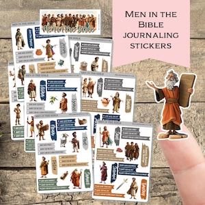 May include: A set of colorful stickers featuring illustrations of men from the Bible. Each sticker includes the name of the biblical figure, a question about their story, and a prompt to reflect on what can be learned from them. The stickers are designed for journaling and personal reflection.