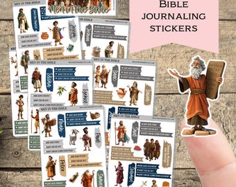 May include: A set of colorful stickers featuring illustrations of men from the Bible. Each sticker includes the name of the biblical figure, a question about their story, and a prompt to reflect on what can be learned from them. The stickers are designed for journaling and personal reflection.