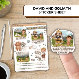 May include: A sticker sheet featuring colorful illustrations of David and Goliath from the Bible story. The sheet includes several stickers with different scenes and quotes from the story, including "And all those gathered here will know that it is not with sword or spear that Jehovah saves, for the battle belongs to Jehovah, and He will give all of you into our hand."