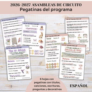 May include: Six sheets of 2026-2027 circuit assembly stickers featuring programme titles, song numbers, scripture references, questions, and decorative illustrations like rabbits, flowers, and butterflies in a soft pastel colour palette.