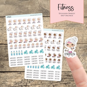 May include: A sticker sheet with a fitness theme featuring a cartoon character lifting weights. The sheet includes various stickers with phrases like "Strength", "Hydrate", "Upper Body", "Lower Body", and "Rest Day". The sheet is 5x7 inches.
