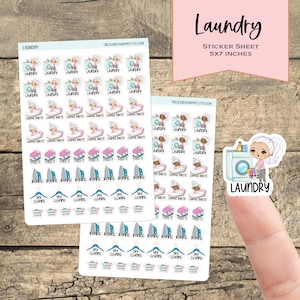 May include: A sticker sheet with 5x7 inches of laundry-themed stickers. The stickers feature a cartoon woman doing laundry, a washing machine, and various laundry-related tasks like folding, ironing, and changing sheets. The stickers are on a white background with a light blue border.