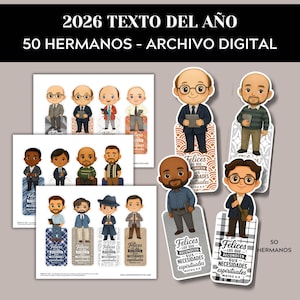 May include: A collection of digital bookmarks with cartoon illustrations of men. Each bookmark has the text "Felices los que reconocen sus necesidades espirituales" and "Mateo 5:3". The top text reads "2026 TEXTO DEL AÑO" and "50 HERMANOS - ARCHIVO DIGITAL".