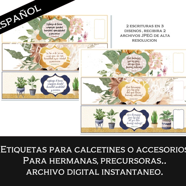 Etiquetas para calcetines, bufandas, accesorios o ropa ,Etiquetas para imprimir con escrituras Isaias 52:7 and Col 3;12, archivo digital