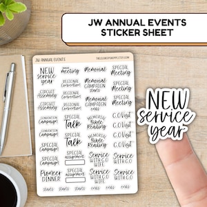 May include: A sticker sheet with the text "JW Annual Events" and various event labels like "Memorial," "Circuit Assembly," and "Special Meeting." A separate sticker reads "New Service Year."
