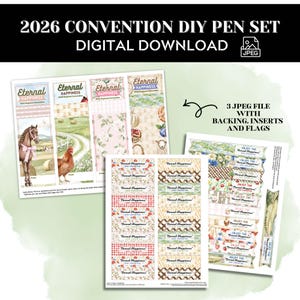Puede incluir: Descarga digital de un juego de bolígrafos DIY para la Convención de 2026. El juego incluye respaldos, insertos y banderas con diseños florales y de granja. El texto incluye "Eternal Happiness" y "Enjoy the".