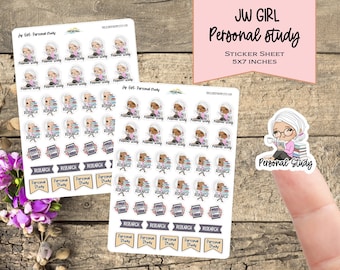 May include: A sticker sheet with 5x7 inches of colorful stickers featuring a cartoon girl with glasses and books. The stickers are for personal study and include the text "Personal Study" and "Research".