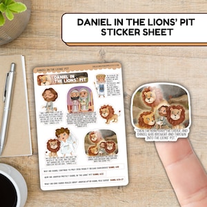 May include: A sticker sheet with colorful illustrations of Daniel in the Lion's Den. The sheet includes several stickers with different scenes from the story, including Daniel praying, lions, and a king. The text on the sheet includes Bible verses and discussion questions about the story.