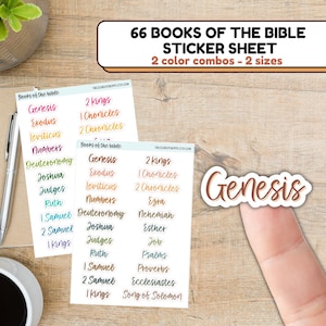 May include: A sticker sheet with the text "66 Books of the Bible", available in two colour combinations and sizes. The sheet contains stickers with the names of the books of the Bible in different colours. A sticker with the word "Genesis" is also visible.