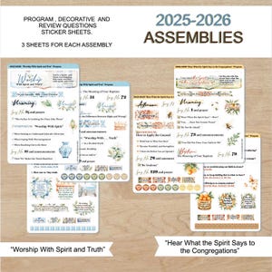 Può includere: Fogli di adesivi per le assemblee 2025-2026. I fogli includono elementi decorativi e domande di revisione. I fogli sono etichettati "Worship With Spirit and Truth" e "Hear What the Spirit Says to the Congregations".