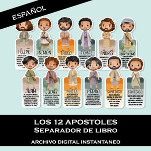 May include: A set of 12 colorful bookmarks featuring illustrations of the 12 Apostles from the Bible. Each bookmark includes the name of the Apostle in Spanish and a brief description of their role in the story of Jesus. The bookmarks are designed for use as book separators and are ideal for religious study or personal reflection.