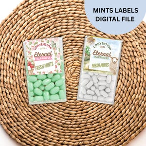 Puede incluir: Dos cajas de menta de plástico transparente con etiquetas que dicen "Convention 2026 Eternal Happiness Fresh Mints". Una caja contiene mentas verdes, la otra blancas. Las cajas están sobre una estera circular tejida. El texto "Mints Labels Digital File" está en la parte superior derecha.