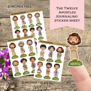 May include: The image shows sticker sheets with illustrations of the twelve apostles. Each sticker is a cartoon-style depiction of a biblical figure, with names printed below. The sticker sheets are 2 and 3 inches tall.