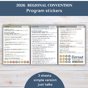 May include: A set of program stickers for the 2026 Regional Convention, featuring a schedule with topics and Bible verses. The stickers are in a rectangular format with a white background and colorful accents.