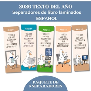 May include: A set of five laminated Spanish-language bookmarks. Each bookmark features a white goose illustration and text from Matthew 5:3. The bookmarks are labeled "2026 TEXTO DEL AÑO" and "PAQUETE DE 5 SEPARADORES".