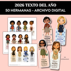May include: Digital file with illustrations of women as bookmarks. Each bookmark shows a different outfit and the text "Felices los que reconocen sus necesidades espirituales" (Happy are those who recognize their spiritual needs). The text "2026 TEXTO DEL AÑO" is at the top.