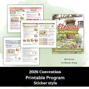 Peut inclure: Un ensemble de programmes imprimables et de motifs d'autocollants pour le congrès 2026 des Témoins de Jéhovah. L'image présente des pages de programme avec des horaires détaillés et une couverture avec les mots "Eternal Happiness."