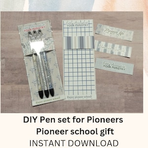 May include: A DIY pen set for pioneers with three pens and labels that say "Fully Accomplish Your Ministry", "Pioneer Life The Best Life", "Pioneer School", and "Enjoy Pioneer School!"