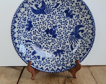Vintage japanische blau weiße Teller, Phoenix Vogel Porzellanschale, MCM Blumendekor, asiatisches Sammlerstück