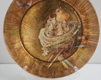 鳥と花をあしらったヴィンテージハンドメイド装飾皿/ユニークな皿/鳥と花のアート/春の装飾/自然をテーマにしたギフト