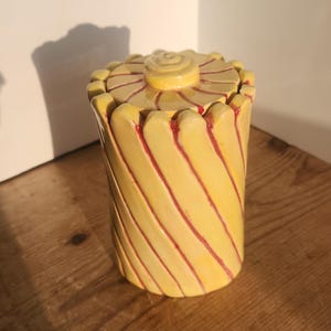 Vintage Yellow Red Lidded Scalloped Pottery Canister, Whimsical Ceramic Jar, Cottage Decor