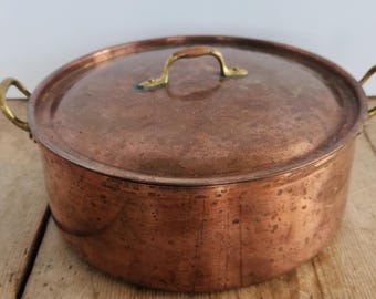 Vintage Tagus Copper Pot, Brass Handle Stock Pot, Made in Portugal, French Country Cottage Decor